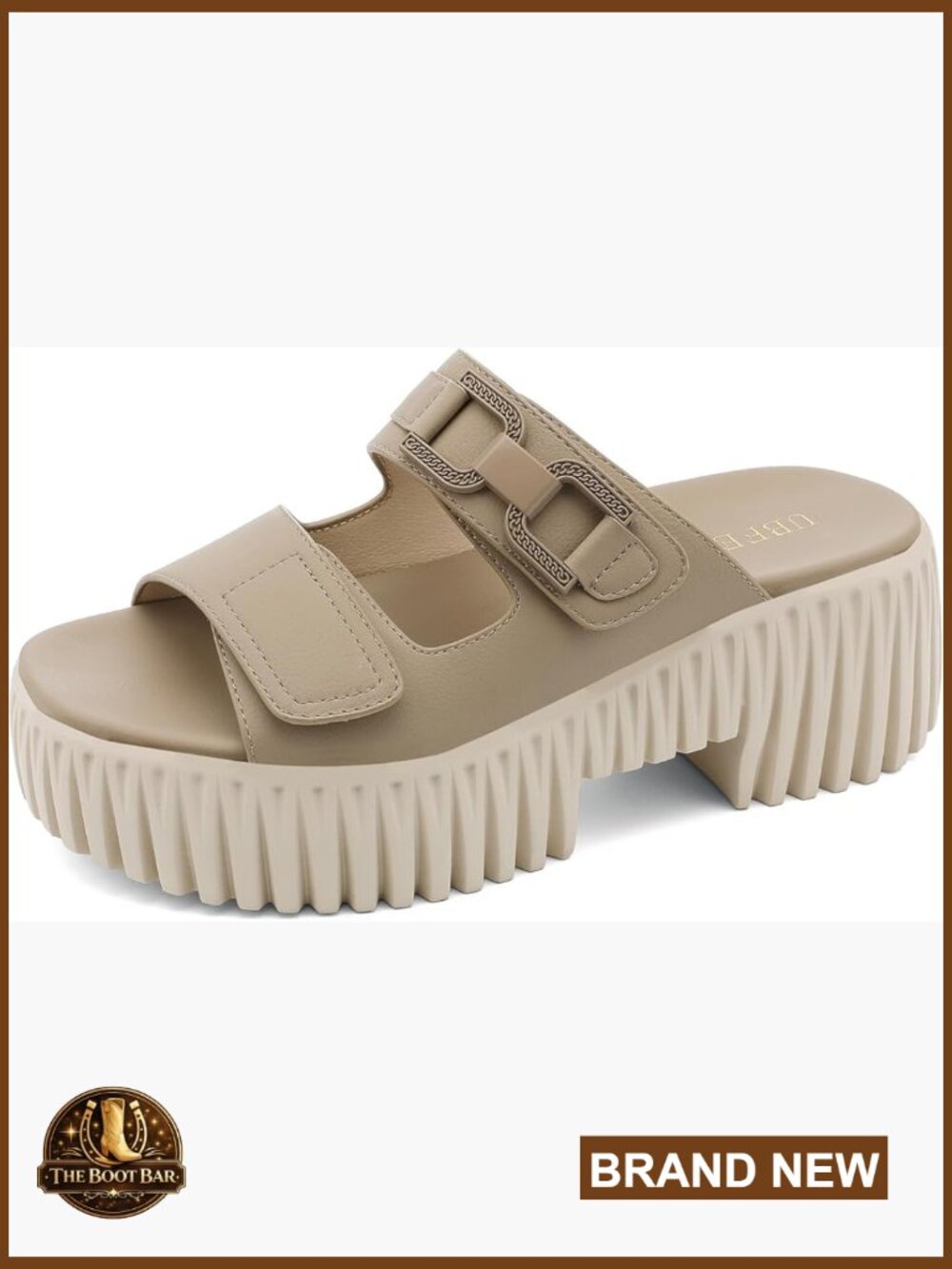 Platform Slide Sandals in Beige with Adjustable Straps